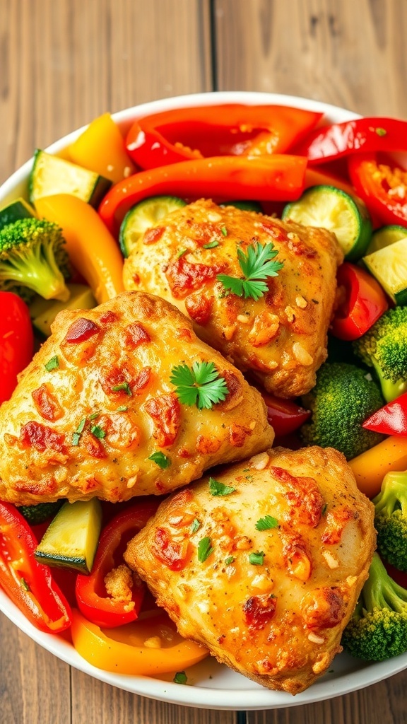 Crispy air fryer chicken with colorful vegetables on a plate, garnished with parsley.